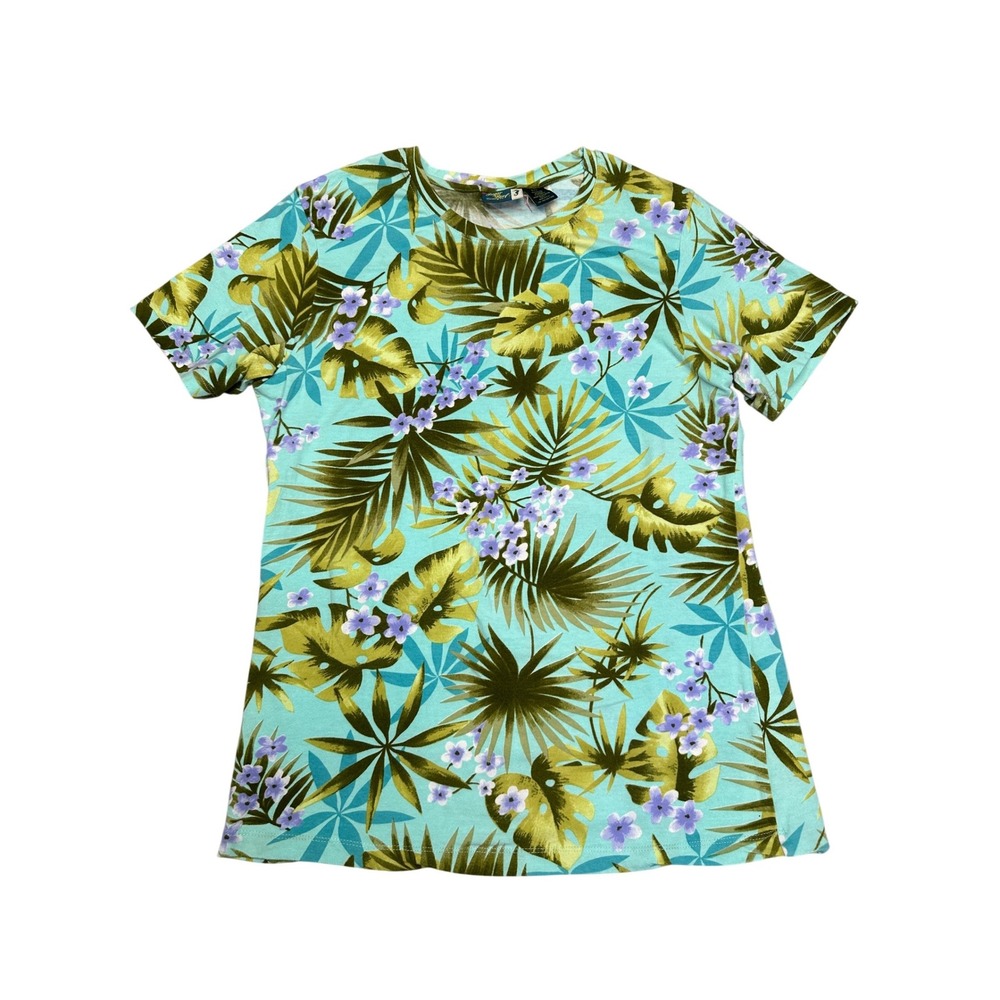 Sugar Reef Clothing Co Y2K T-Shirt Sz Large Tropical Floral Palm Print Turquoise